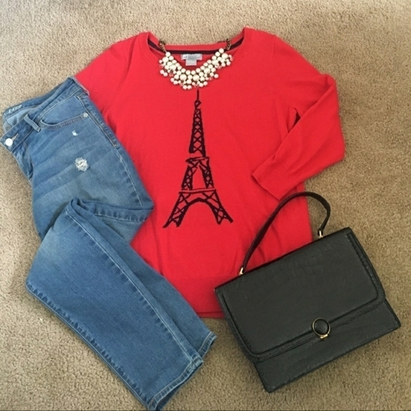 JC Penny JCP Eiffel Tower Graphic Knit Sweater Red Black Women's Small S Prep - Picture 1 of 8